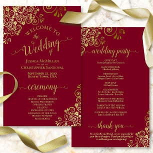 Gold Frills Burgundy Maroon Budget Wedding Program