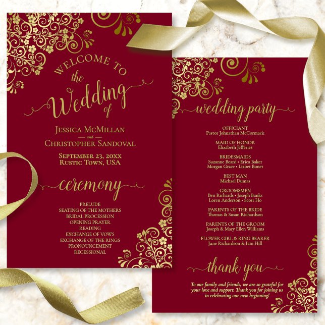 Gold Frills Burgundy Maroon Budget Wedding Program (Front/Back)