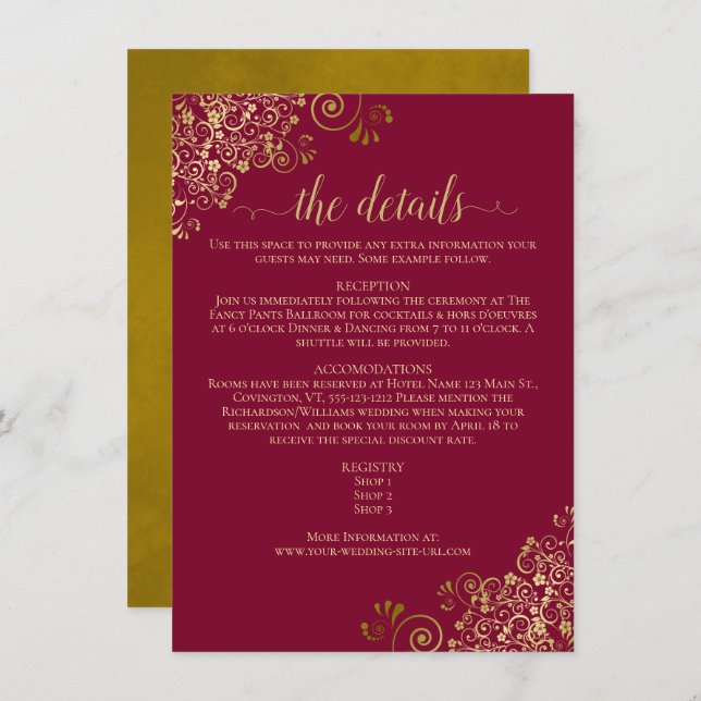 Gold Frills Burgundy Maroon Wedding Details Enclosure Card (Front/Back)