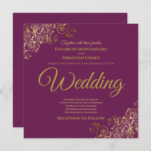Gold Frills Cassis Purple Elegant Square Wedding Invitation (Front/Back)