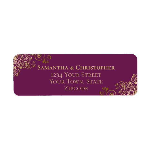 Gold Frills Cassis Purple Wedding Return Address Label (Front)