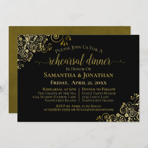 Gold Frills Chic Black Wedding Rehearsal & Dinner Invitation