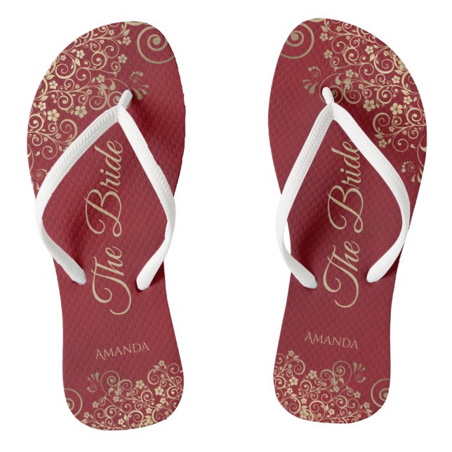 Gold Frills Crimson Red Elegant The Bride Wedding Thongs (Footbed)