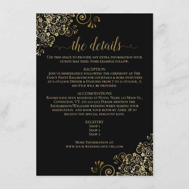 Gold Frills Elegant Black Wedding Details Enclosure Card (Front)