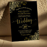 Gold Frills Elegant Black Wedding Invitation<br><div class="desc">This beautiful wedding invitation features a simple yet elegant design with lacy script calligraphy on a black background and frilly gold faux foil filigree in the corners. The wording is formal,  but the layout is modern and stylish.</div>