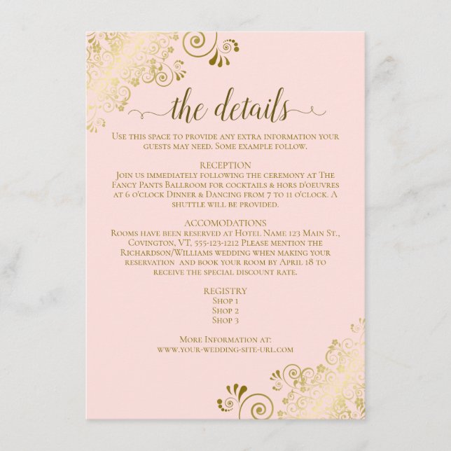 Gold Frills Elegant Blush Pink Wedding Details Enclosure Card (Front)