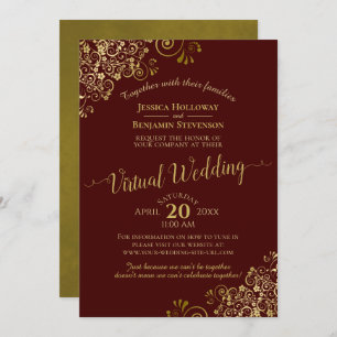 Gold Frills Elegant Burgundy Virtual Wedding Invitation
