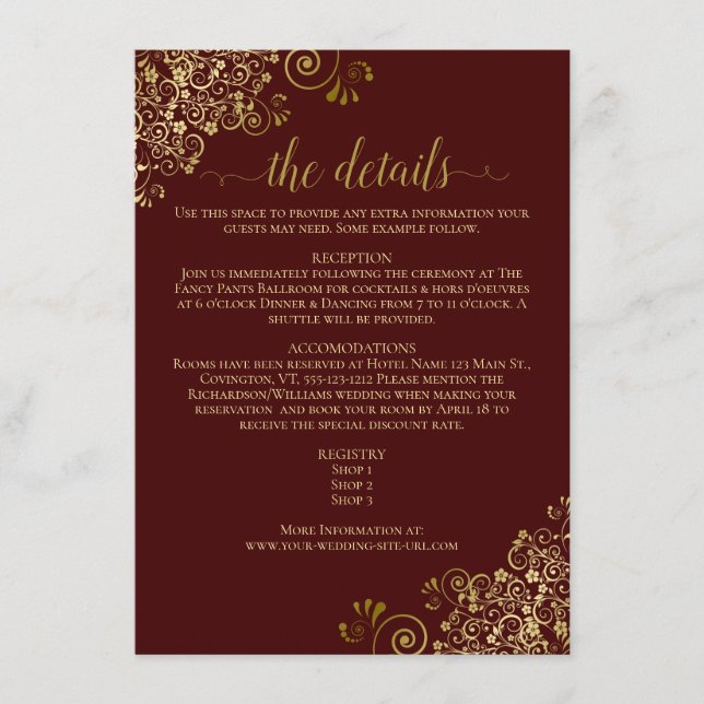 Gold Frills Elegant Burgundy Wedding Details Enclosure Card (Front)