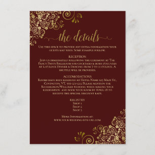Gold Frills Elegant Burgundy Wedding Details Enclosure Card