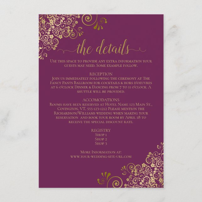 Gold Frills Elegant Cassis Purple Wedding Details Enclosure Card (Front)