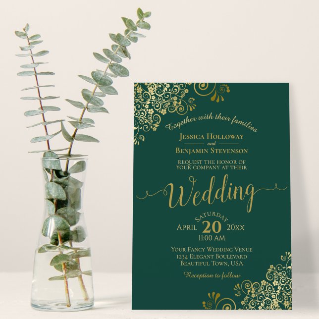 Gold Frills Elegant Emerald Green Wedding Invitation (Creator Uploaded)