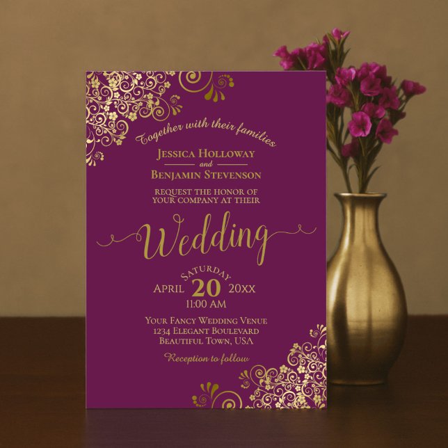 Gold Frills Elegant Magenta Plum Purple Wedding Invitation (Creator Uploaded)