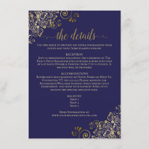 Gold Frills Elegant Navy Blue Wedding Details Enclosure Card