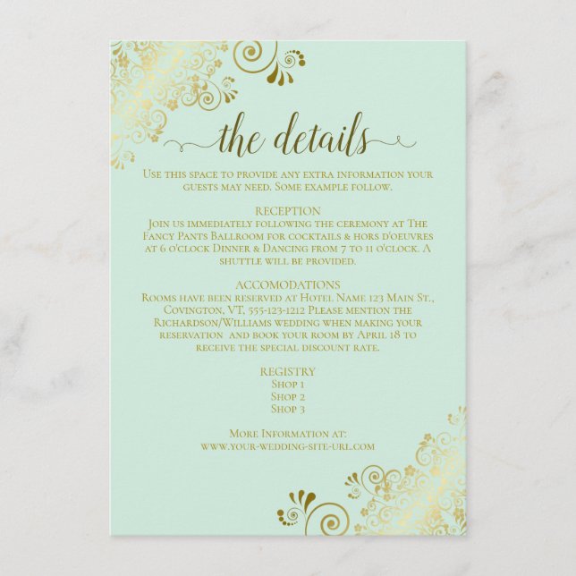 Gold Frills Elegant Neo Mint Green Wedding Details Enclosure Card (Front)