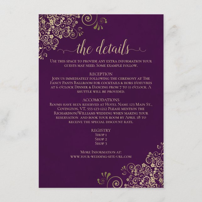 Gold Frills Elegant Plum Purple Wedding Details Enclosure Card (Front)