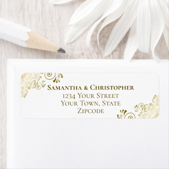 Gold Frills Elegant White Wedding Return Address Label (Insitu)