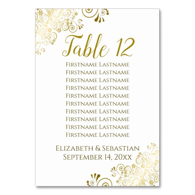 Gold Frills Elegant White Wedding Seating Chart Table Number (Back)