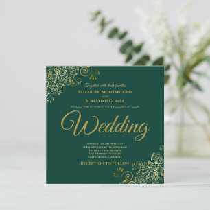 Gold Frills Emerald Green Elegant Square Wedding Invitation