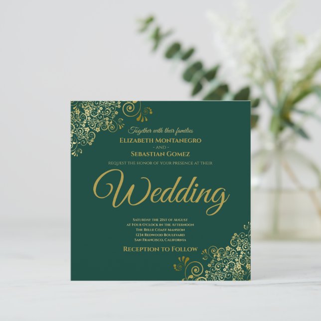 Gold Frills Emerald Green Elegant Square Wedding Invitation (Standing Front)