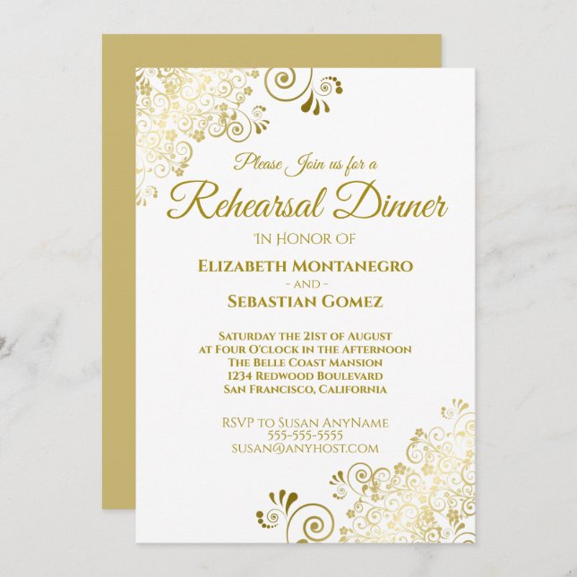 Gold Frills & Filigree Wedding Rehearsal Dinner Invitation (Front/Back)