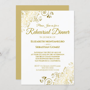 Gold Frills & Filigree Wedding Rehearsal Dinner Invitation