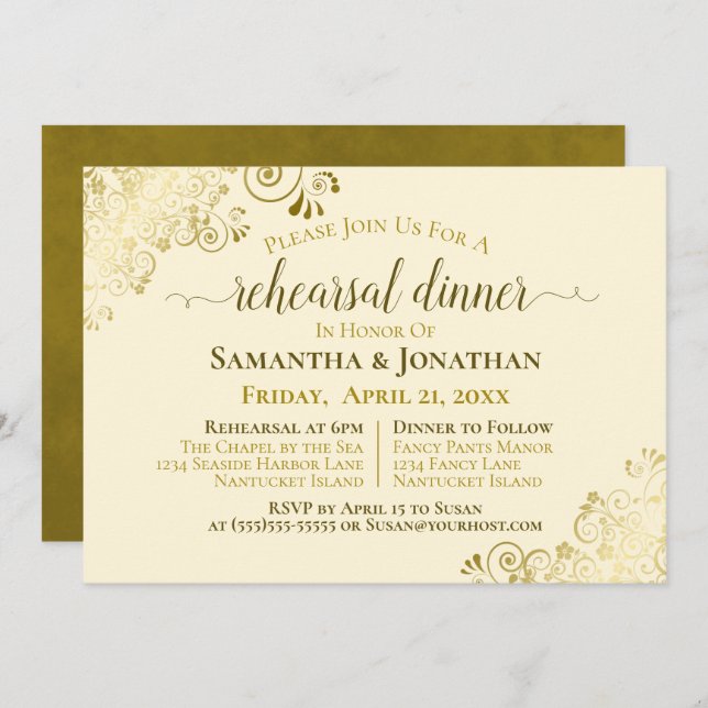 Gold Frills Ivory Cream Wedding Rehearsal & Dinner Invitation (Front/Back)