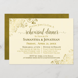 Gold Frills Ivory Cream Wedding Rehearsal & Dinner Invitation