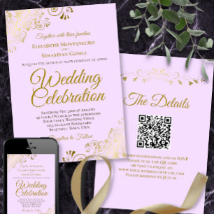 Gold Frills & Lilac Purple Elegant QR Code Wedding Invitation