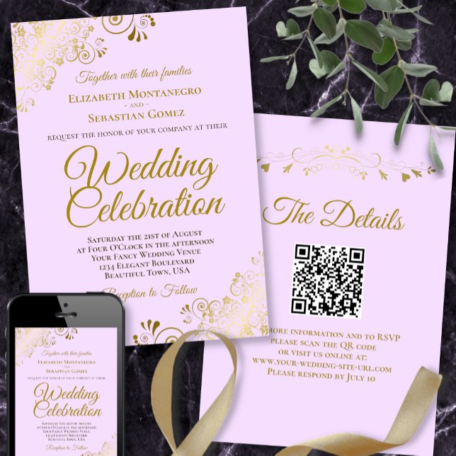 Gold Frills & Lilac Purple Elegant QR Code Wedding Invitation (Creator Uploaded)