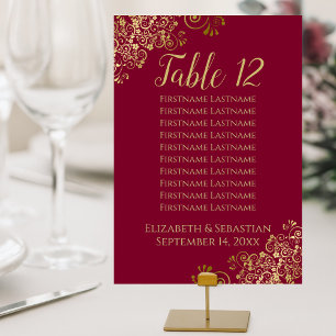 Gold Frills Maroon Burgundy Wedding Seating Chart Table Number