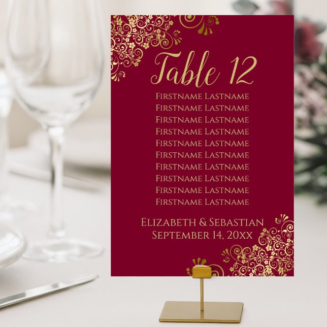Gold Frills Maroon Burgundy Wedding Seating Chart Table Number (Small Cards for on-Table Display. For Larger Cards see the Seating Chart Section.)