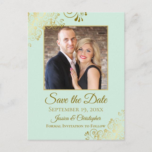Gold Frills Mint Green Wedding Save the Date Photo Announcement Postcard (Front)