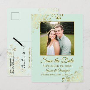 Gold Frills Mint Green Wedding Save the Date Photo Announcement Postcard