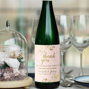 Gold Frills on Blush Pink Wedding Thank You Chic Wine Label