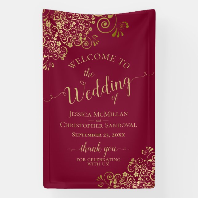 Gold Frills on Burgundy Elegant Wedding Welcome Banner (Vertical)