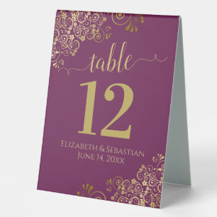 Gold Frills on Cassis Purple Wedding Table Number