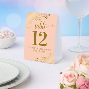 Gold Frills on Coral Peach Wedding Table Number