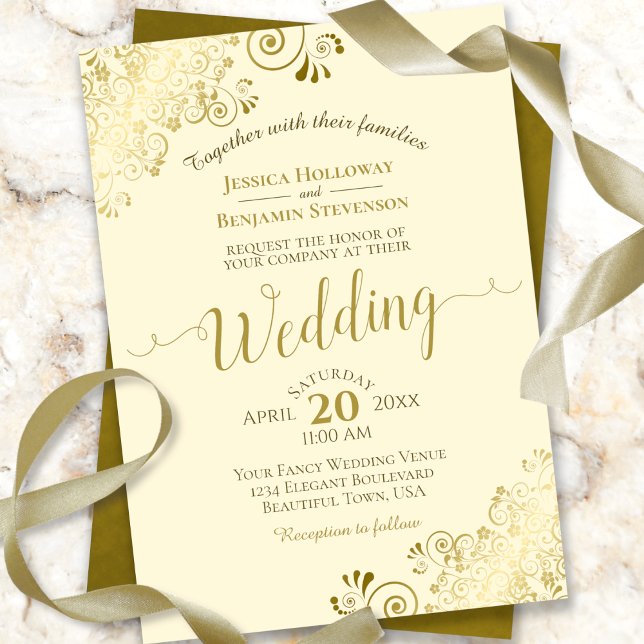 Gold Frills on Cream Elegant Calligraphy Wedding Invitation (Creator Uploaded)