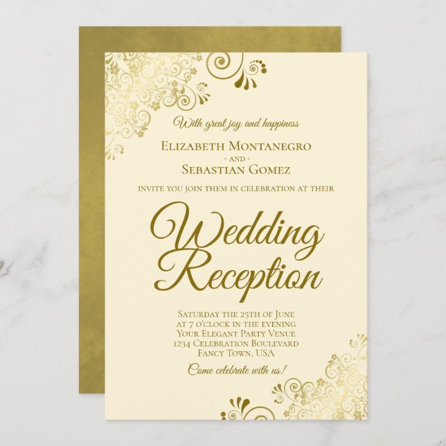 Gold Frills on Cream Elegant Wedding Reception Invitation (Front/Back)