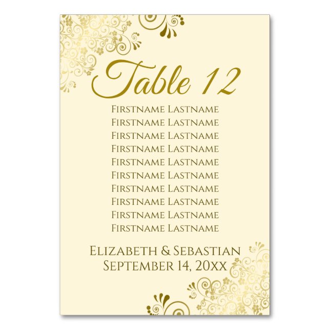 Gold Frills on Cream Elegant Wedding Seating Chart Table Number (Back)