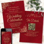 Gold Frills on Crimson Red Elegant QR Code Wedding Invitation<br><div class="desc">This beautiful wedding invitation is stylish, simple and elegant. It features gold script lettering on a marbled crimson red background with floral faux foil filigree in each corner. The understated design is offset by the ornate frills and swirls of the artwork. The back has a customisable QR code and details...</div>
