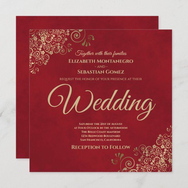 Gold Frills on Crimson Red Elegant Square Wedding Invitation (Front/Back)