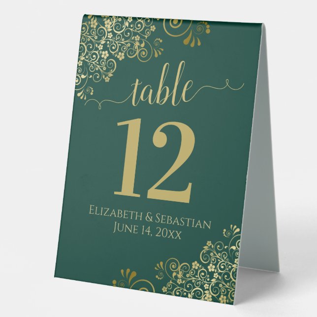 Gold Frills on Emerald Green Wedding Table Number (Front)