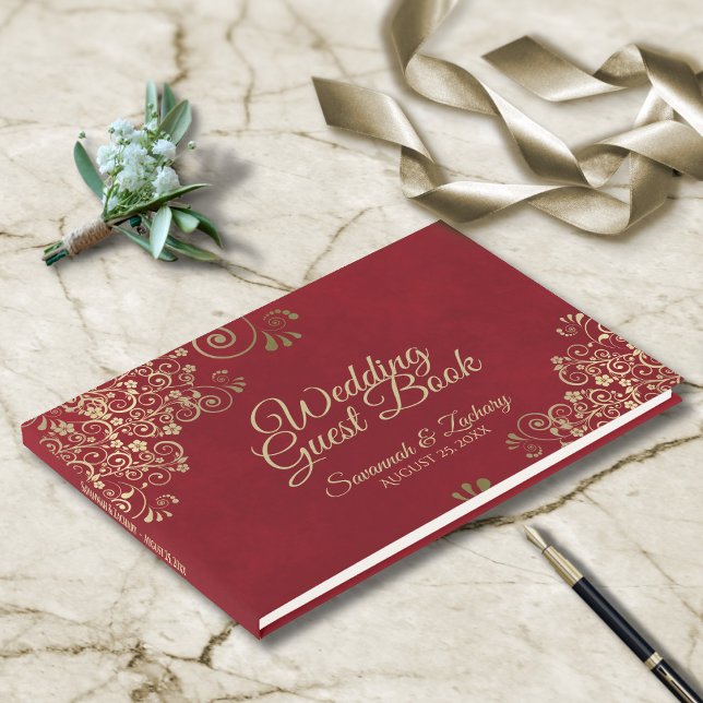 Gold Frills on Lush Marbled Red Elegant Wedding Guest Book (Creator Uploaded)