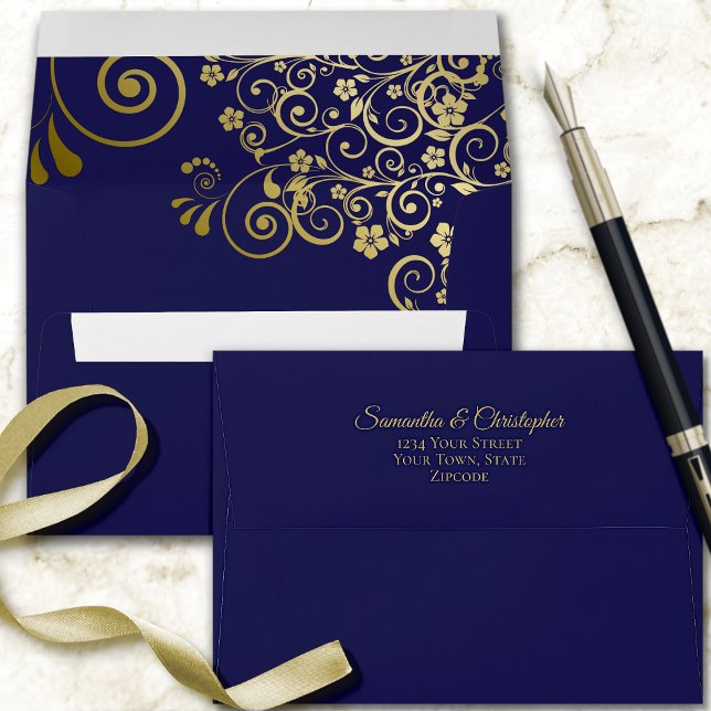 Gold Frills on Navy Blue Elegant Wedding Envelope (Inside & Back Flap)