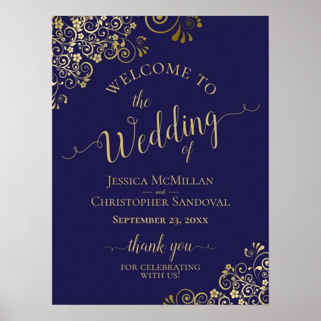 Gold Frills on Navy Blue Elegant Wedding Welcome Poster (Front)