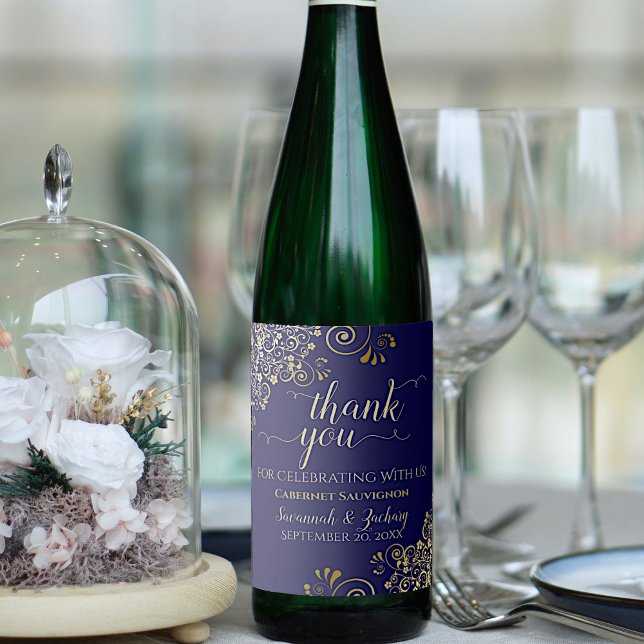 Gold Frills on Navy Blue Wedding Thank You Wine Label (Creator Uploaded)