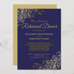 Gold Frills on Navy Wedding Rehearsal Dinner Invitation