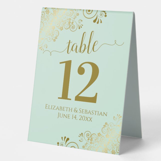 Gold Frills on Neo Mint Green Wedding Table Number (Front)