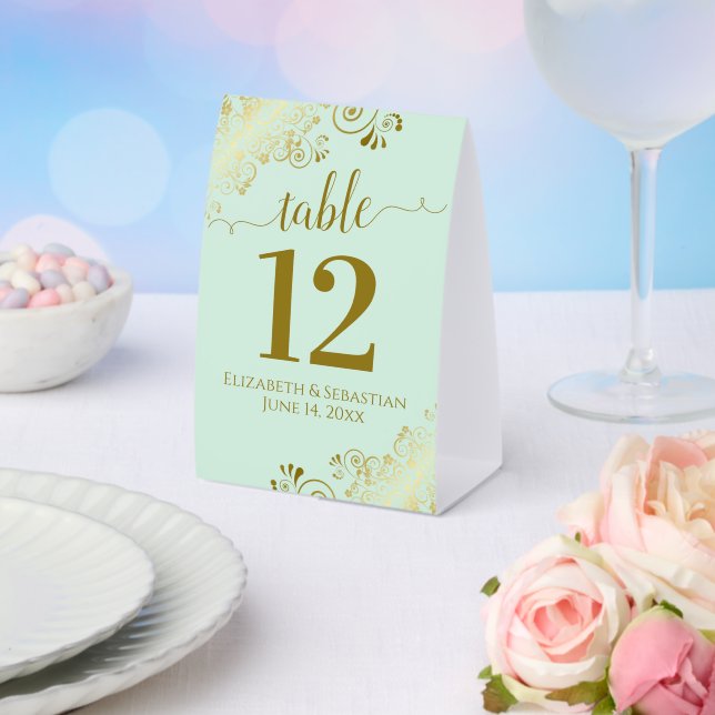 Gold Frills on Neo Mint Green Wedding Table Number (Insitu(Wedding))